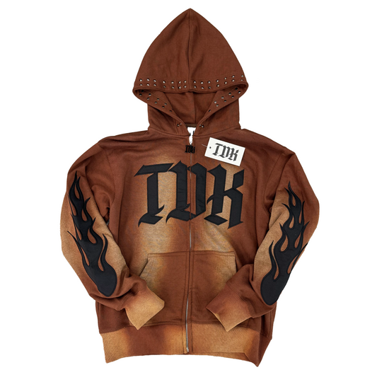 Studded Flame Zip Up Hoodie (Mocha)
