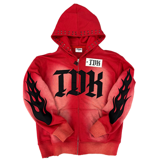 Studded Flame Zip Up Hoodie (Red)